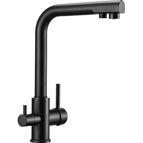 Robinet de cuisine 3 voies pivotant à 360° 3 en 1 - Mitigeur de cuisine pour filtre à eau - Robinet d'eau potable avec 2 leviers - Robinet à trois voies - Robinet d'évier en acier inoxydable - Noir (1/5)