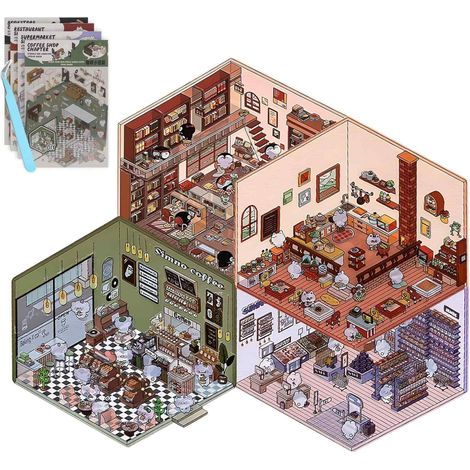 Autocollants 3D à faire soi-même pour créer sa propre maison, supermarché, café, restaurant ou librairie. Créez des scènes amusantes à empiler (1/5)