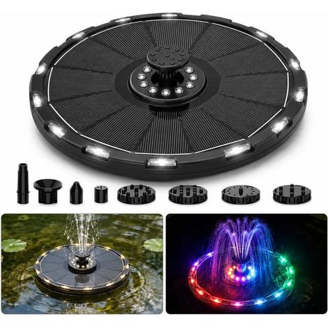 Fontaine solaire avec lumière LED de 3,5 watts et pompe à eau solaire flottante, adaptée aux bains d'oiseaux, aux bassins et aux jardins, 18 cm de diamètre. (1/5)