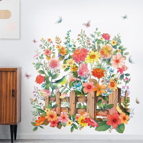 Lntyq Blumen-Wandaufkleber, Zaun, bunte Blumen- und Schmetterlings-Wandaufkleber für Schlafzimmer, Wohnzimmer, Küche, Dekoration (1/5)