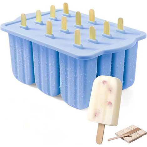 Moule à glace en silicone avec 50 bâtonnets en bois, pour glaces maison et desserts DIY, réutilisable, bleu (1/5)