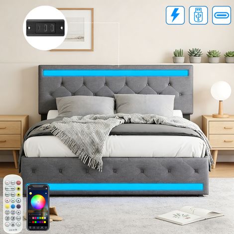 Lit double 180 x 200 cm avec 4 tiroirs de rangement et sommier, Lit coffre avec éclairage LED et port USB Tpye C, Lit rembourré, 2 personnes, Lin, gris (1/5)