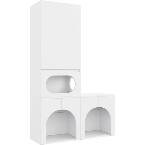 Armario para areneros de MDF blanco, 140 x 45 x 195 cm, con zona de descanso (1/5)