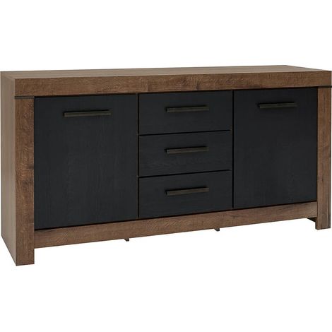 Commode Buffet à 2 portes et 3 tiroirs, coloris Chêne marron foncé/Chêne noir - Longueur 160 x Profondeur 45 x Hauteur 85 cm (1/5)