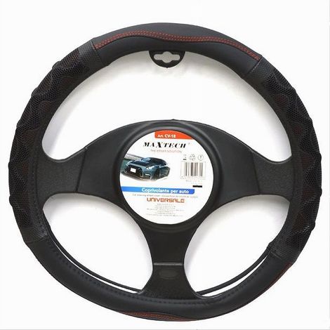 TRADE SHOP - Coprivolante Universale Per Auto Fodera Sterzo 38cm Nero Rosso Con Rilievo Cv-18 - (1/2)