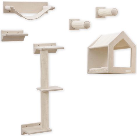 Mur d'escalade pour Chat en Six Parties, Arbre à Chat Mural, Niche pour Chat, Cat Walk, Niche Douillette, Meuble à griffer, Beige (1/5)
