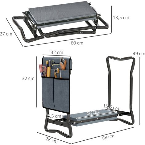 Banc de jardin pliable avec genouillère et poches à outils, supporte jusqu'à 150 kg, 58 x 28 x 49 cm, gris (1/5)