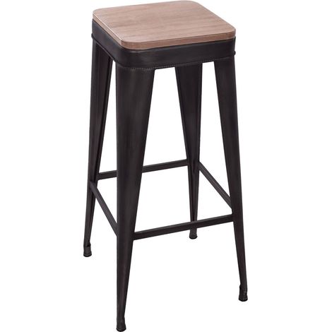 Atmosphera – Tabouret de bar en métal 80 cm – Assise en bois de Badamier – Structure en fer – Poids 4,15 kg – Élégant et raffiné (1/2)