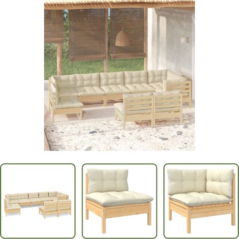 Terrassensofa - 9-tlg. Garten-Lounge-Set mit Creme Kissen Massivholz Kiefer (1/5)