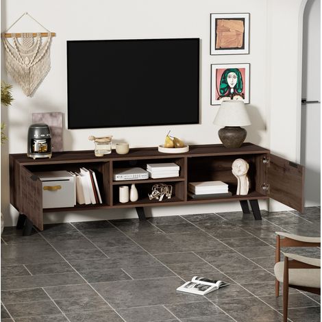 Mobile TV in legno truciolare color legno 160,5 x 35,5 x 45 cm con 2 ante, 2 vani aperti e cerniere ammortizzate (1/5)