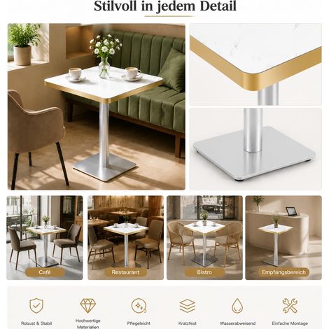 Table carrée avec plateau UV effet marbre, piètement en métal, design moderne (1/5)