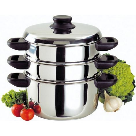 BAUMALU cuiseur vapeur combiné 3 corps 20 cm inox triple fond inox/alu/inox acier couleur argent (1/2)