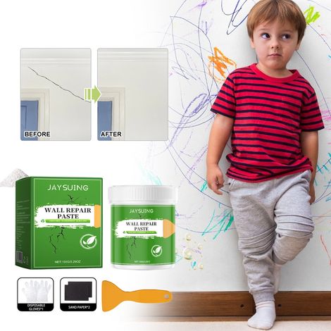 Wandreparaturpaste für den Heimgebrauch, weiße Wände, Risse, Nagellöcher, wasser- und schimmelbeständig – 150 g × 1 + Spachtel × 1 + Schleifpapier × 2 + Einweghandschuhe × 2 -- DE (1/5)