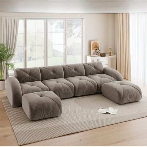 Divano modulare 4 posti in chenille marrone con 2 pouf, design senza telaio (1/5)