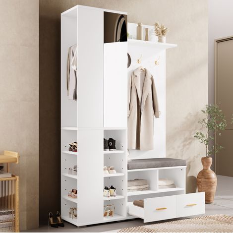 Mobile guardaroba in truciolare bianco con specchio, panca, 2 cassetti, 3 ganci e barra appendiabiti 120x35x190 cm (1/5)