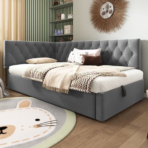 Letto singolo in velluto grigio 90x200 cm con contenitore idraulico e rete a doghe