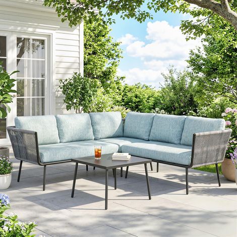 Conjunto de Muebles de Ratán de Exterior Sofá de Esquina con Cojines y Mesa de Centro para Terraza Patio Azul Claro (1/5)