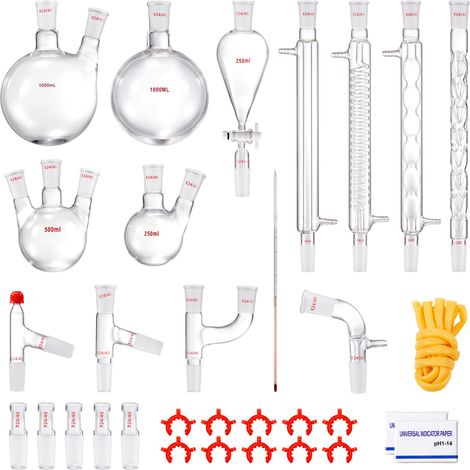 VEVOR Kit di distillazione da laboratorio, kit di apparecchi per la distillazione di oli essenziali da 1000 ml, set di attrezzature per vetreria da 32 pezzi