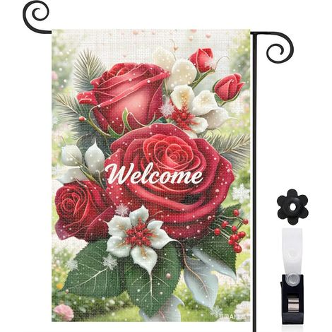 Drapeau de jardin roses rouges et Welcome 30 x 45 cm décoration extérieure jardin (1/4)
