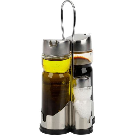 Ensemble Huile Vinaigre Sel Poivre en Verre Inox avec Support Métal (1/3)