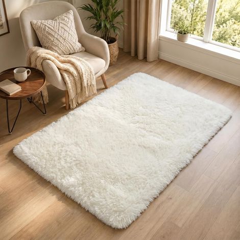 Tapis Chambre Tapis Salon Poil Long Blanc 120x170cm (1/5)