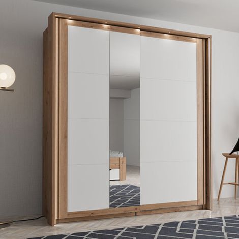 Garderobe 2 Türen Bujumb, Kleiderschrank Schlafzimmer 2 Regale, Kleiderstange, Schiebetüren, 195x218h cm Weiß Matt (1/5)