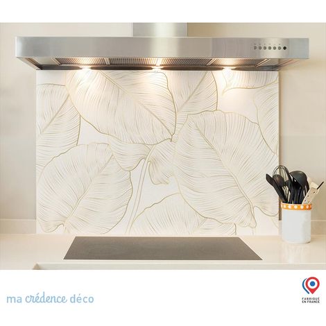 Fond de hotte : Feuilles philodendron dorés blanc - Verre trempé - 60 cm - 45 cm (1/5)