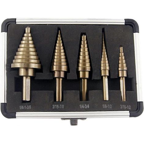 Jeu de forets étagés en titane, 5 tailles, coffret de 5 forets HSS tout-en-un pour tôlerie, avec boîte en aluminium, forets étagés poreux pour D (1/5)
