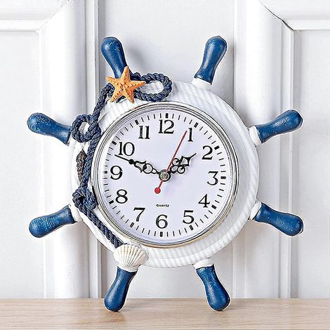 Horloge murale d'intérieur/extérieur, horloge à gouvernail en bois de style méditerranéen, thème océan, horloge de plage, horloge décorative nautique (bleue) (1/2)