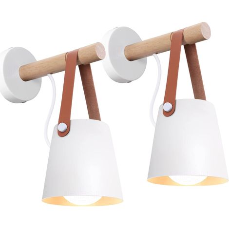 Juego de 2 apliques de pared vintage para interior, modernos, E27, pantalla de metal y soporte de madera, para dormitorio, salón, pasillo (blanco mate). (1/4)