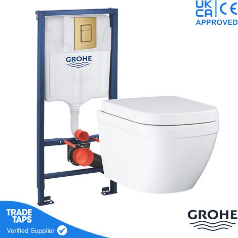 GROHE EURO Rimless Wall Hung Toilet WC Pan with GROHE 1.13m Concealed Cistern Dual Flush  Frame - Cool Sunrise (1/5)