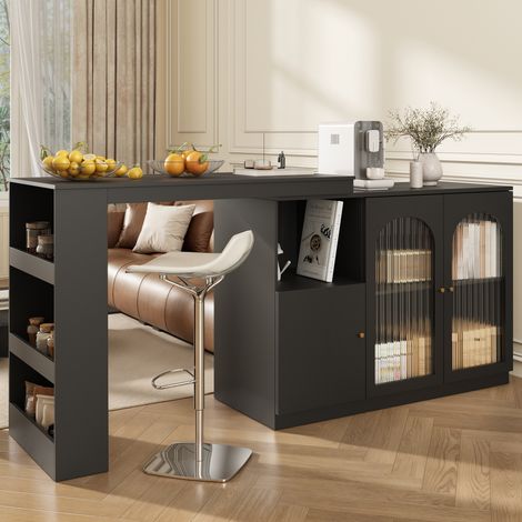 Bar- und Esszimmerschrank 120x40x97 cm schwarz aus MDF mit 360°-Drehfunktion und Glastüren (1/5)