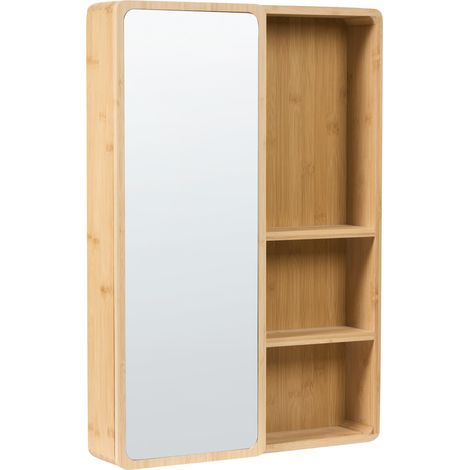 Armario con espejo de pared para baño con puerta corredera 61 x 41 cm con 3 estantes de madera de bambú marrón claro Guatavita