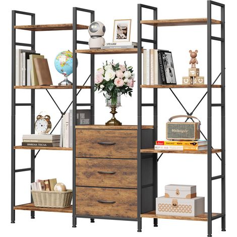 Tall bookcase with 3 Fabric Drawers, 4 Tier Shelving Unit Rustic Brown Bookshelf Storage Unit for Living Room Bedroom Home Display Cabinets, Large Book Shelf Unit