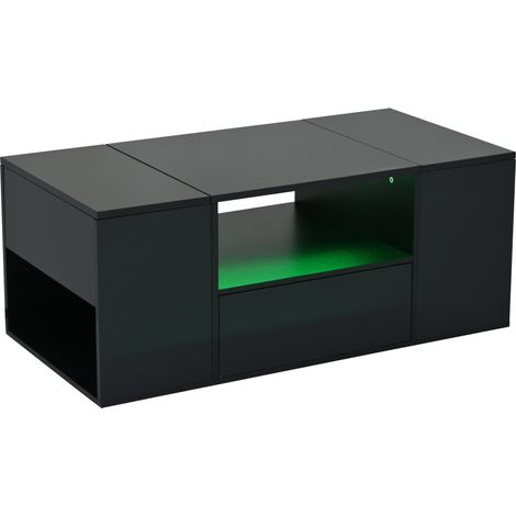 Table basse LED avec rangement, 1 tiroir, 2 placards, plateau brillant noir 100 x 50 x 40 cm, ouverture par le dessus, USB, pour salon moderne et convivial - CHICFURN (1/5)