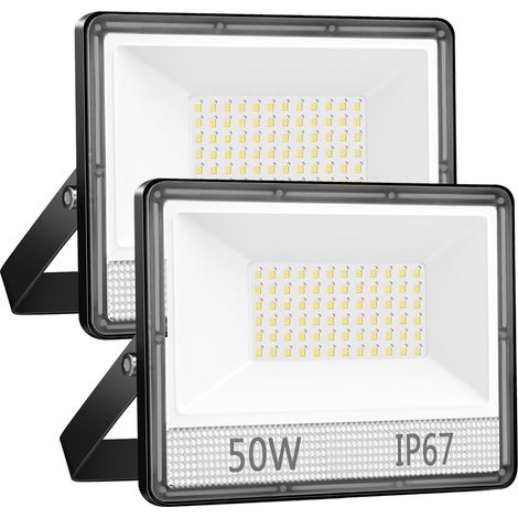 Projecteur LED Extérieur 50W 5000 lumen Puissant Spot LED Extérieur 6500K Blanc Froid, IP67 Étanche Projecteur Exterieur LED pour Jardin Garage Patio Cour Atelier, 2 Pièces
