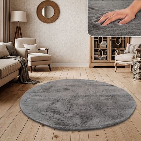 Paco Home Hochflor Teppich Wohnzimmer Kunstfell Super Soft Einfarbig in Versch. Größen und Farben Anthrazit, 120 cm Rund