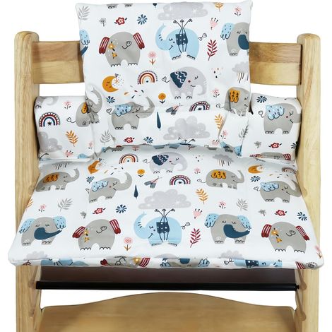 Coussin de siège - Chaise haute avec rembourrage double sur le dossier, imperméable et amovible, accessoire doux en coton biologique (éléphants)