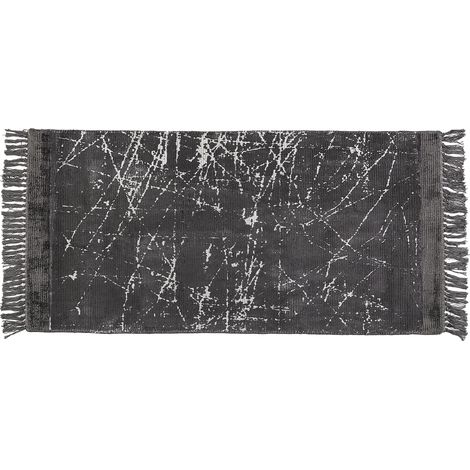 Alfombra de viscosa gris oscuro blanco 80 x 150 cm algodón flecos moderno Hanli