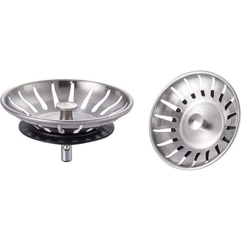 M34351-2, Bouchon d'évier de cuisine en acier inoxydable (2 pièces) - filtre universel (diamètre : 78 mm), bouchon à 18 fentes, grille anti-blocage, panier de vidange rapide (1/5)