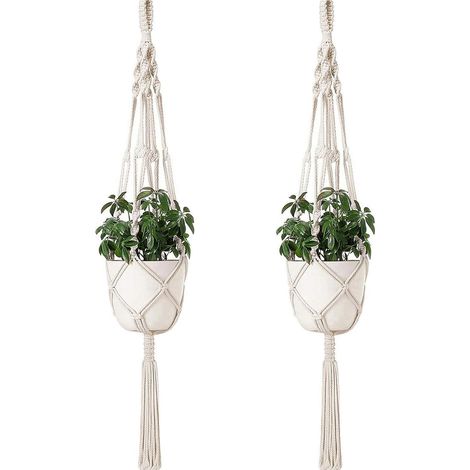 Pots suspendus, supports pour plantes en corde de coton, pots suspendus à quatre pieds, décoration de porte pour plantes, intérieur et extérieur, style bohème, fleurs tissées à la main (2 pi) (1/5)
