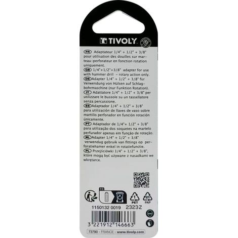 Tivoly • Set di 3 portabussole • Gambo SDS+ • Per bussole quadrate da 1/4" e 3/8" e 1/2"