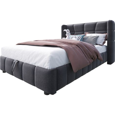 Cama Infantil con Almacenaje 90 x 200 cm de Tela, Cama Individual con Cabecero, sin Colchón, Gris (1/5)