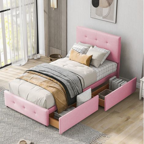 MEUBLIV Cama 90x200 cm rosa – 2 cajones y cabecero, sin colchón (1/5)