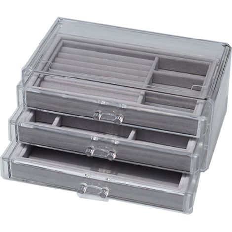 Aufbewahrungsbox für Make-up aus transparentem Acryl mit 3 Schubladen und Samtfutter, Kosmetik- und Schmuckorganizer (grau)