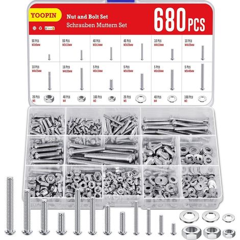 Schrauben und Muttern Set 680tlg. M3 M4 M5 Kreuzschlitz Linsenkopf Kohlenstoffstahl Sortiment mit Unterlegscheiben für Heimwerkerprojekte und Möbelmontage (1/5)
