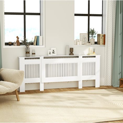 Copritermosifone 125-201x19x81.5 cm bianco in pannello truciolare con ripiano e protezione anti-ribaltamento (1/5)