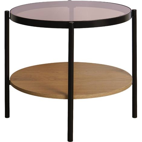 Round side table with tempered glass and wood effect, Smooky, Natural, 52x52x45 cm