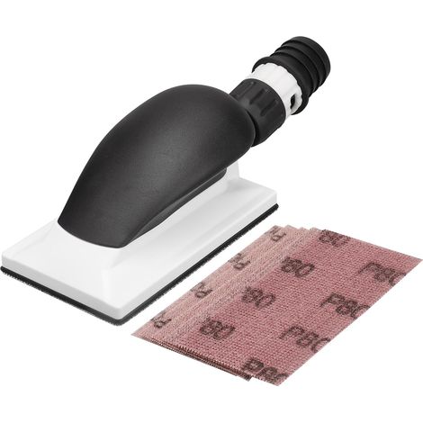 Ponceuse manuelle avec aspiration, 125 x 70 mm, avec 5 bandes abrasives en maille crochet grain P80, P120, P180, P240, P400, ponçage sans poussière (1/5)