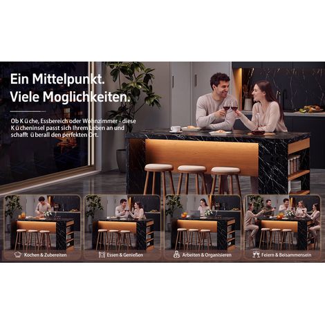 Îlot de cuisine 155x80x90cm avec éclairage LED et prise, bloc cuisine avec plan de travail 40mm, 2xAC+2xUSB, 3 étagères ouvertes, îlot moderne pour cuisine et salle à manger (1/5)